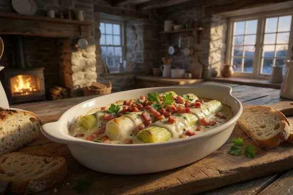 Leeks en salsa blanca con tocino