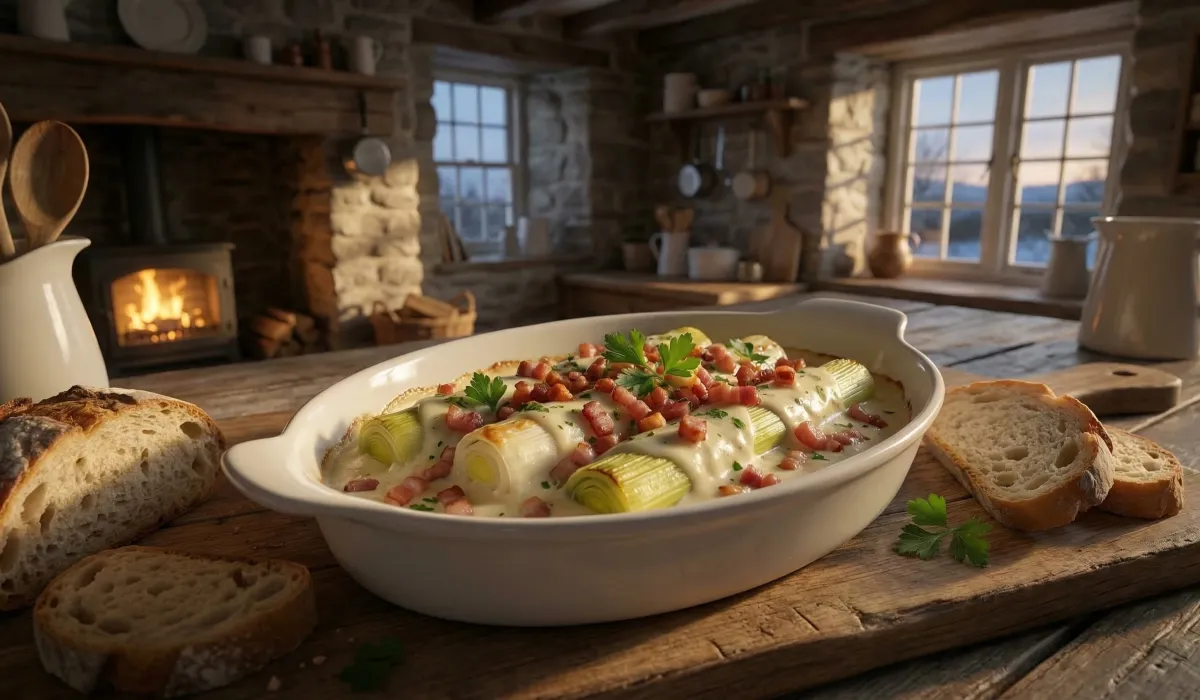 Leeks en salsa blanca con tocino