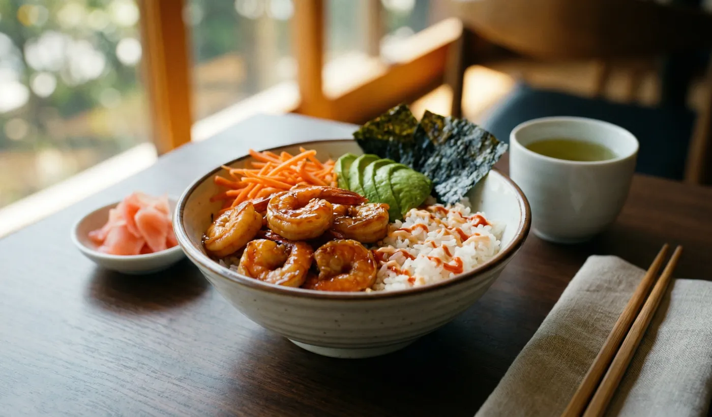 Bowl de camarones teriyaki dulces y pegajosos